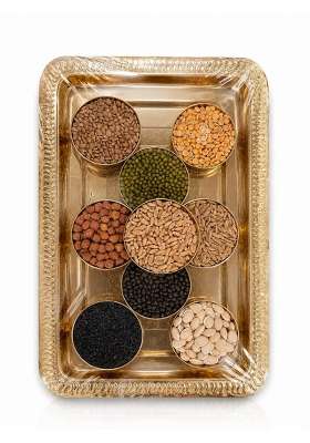 Kerala Sacred Navadanya Set with Brass Thali 9 Sacred Grains in 9 Metal Bowls for Navagraha Pooja