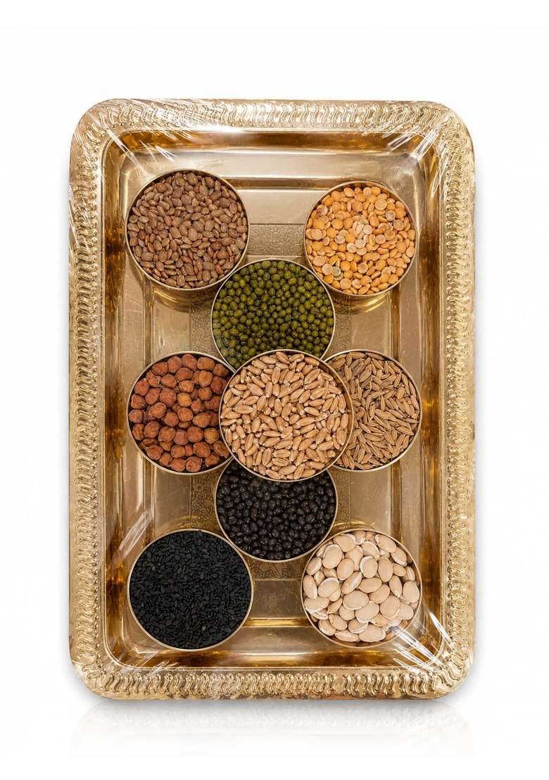 Kerala Sacred Navadanya Set with Brass Thali 9 Sacred Grains in 9 Metal Bowls for Navagraha Pooja - Indya