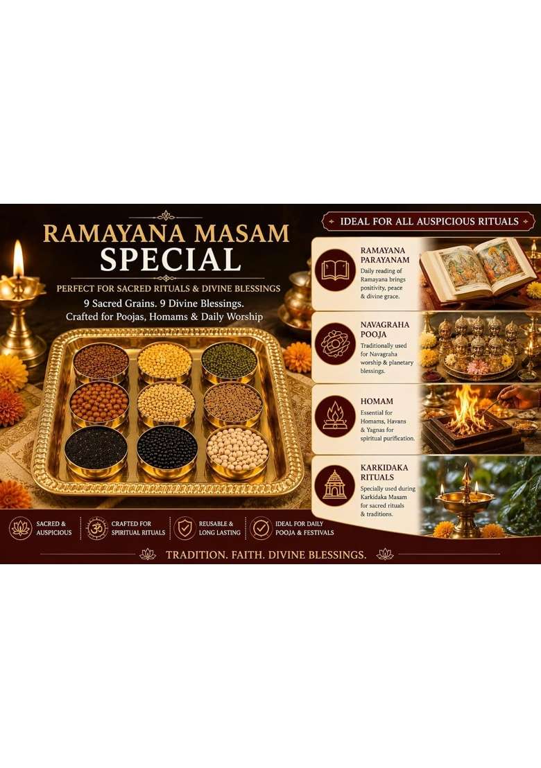 Kerala Sacred Navadanya Set with Brass Thali 9 Sacred Grains in 9 Metal Bowls for Navagraha Pooja - Indya