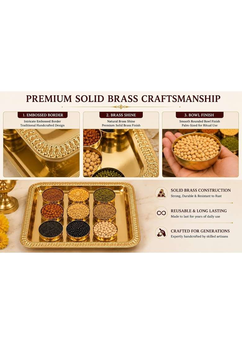 Kerala Sacred Navadanya Set with Brass Thali 9 Sacred Grains in 9 Metal Bowls for Navagraha Pooja - Indya