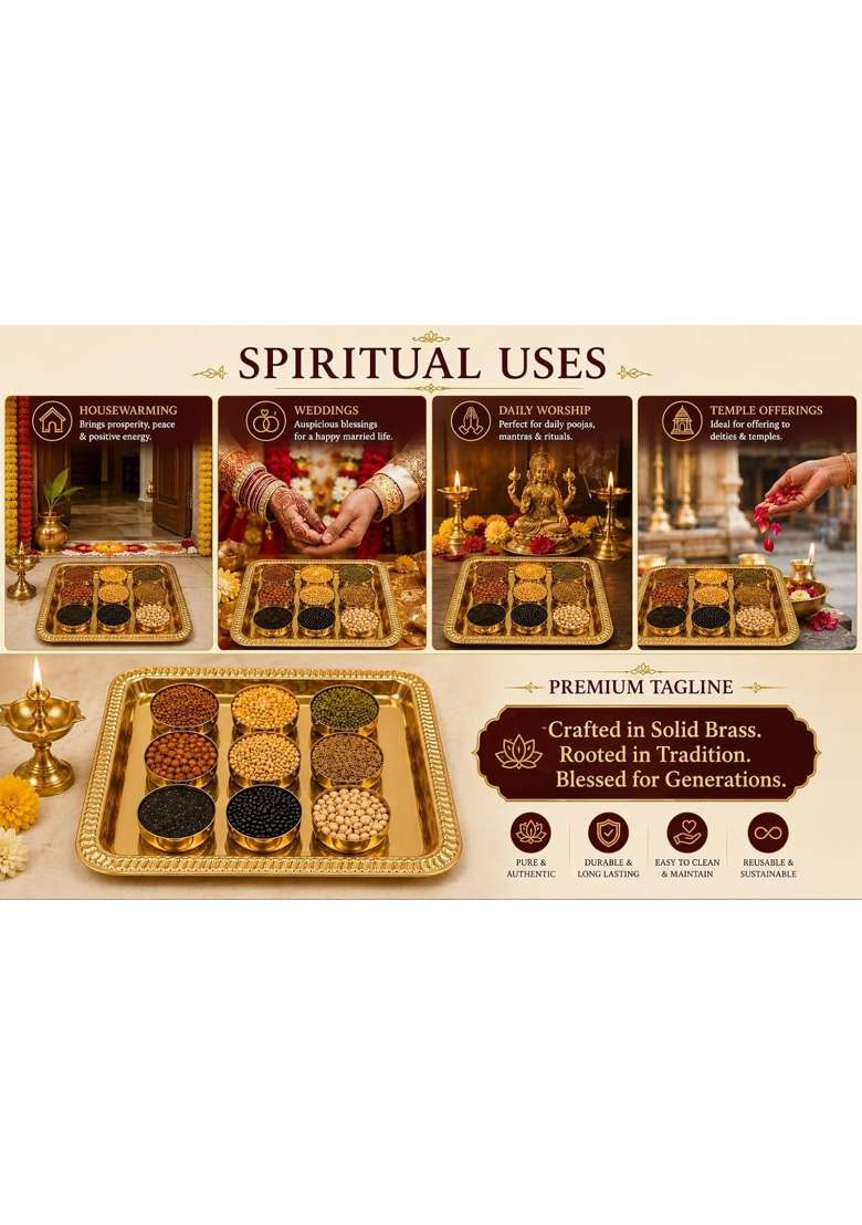 Kerala Sacred Navadanya Set with Brass Thali 9 Sacred Grains in 9 Metal Bowls for Navagraha Pooja - Indya