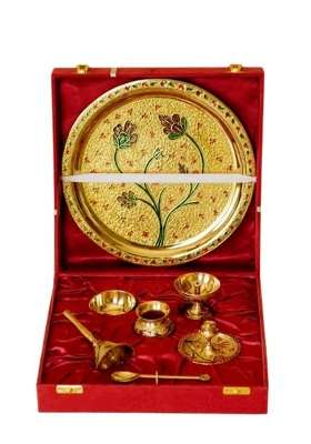 Brass Pooja Thali Gift Set with Floral Design Traditional Indian Pooja Accessories Set with Decorative Red