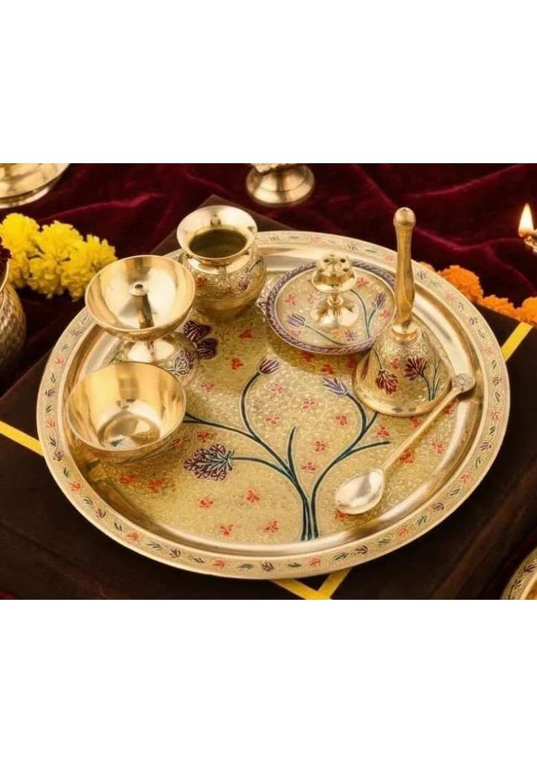 Brass Pooja Thali Gift Set with Floral Design Traditional Indian Pooja Accessories Set with Decorative Red - Indya