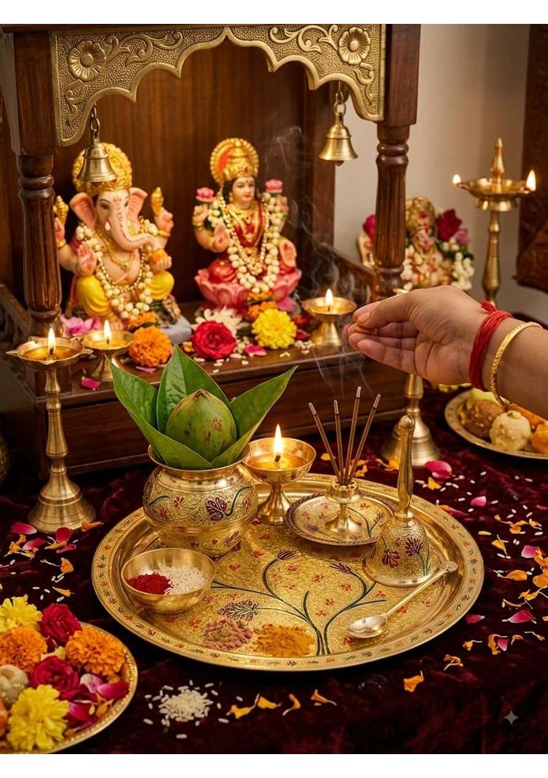 Brass Pooja Thali Gift Set with Floral Design Traditional Indian Pooja Accessories Set with Decorative Red - Indya