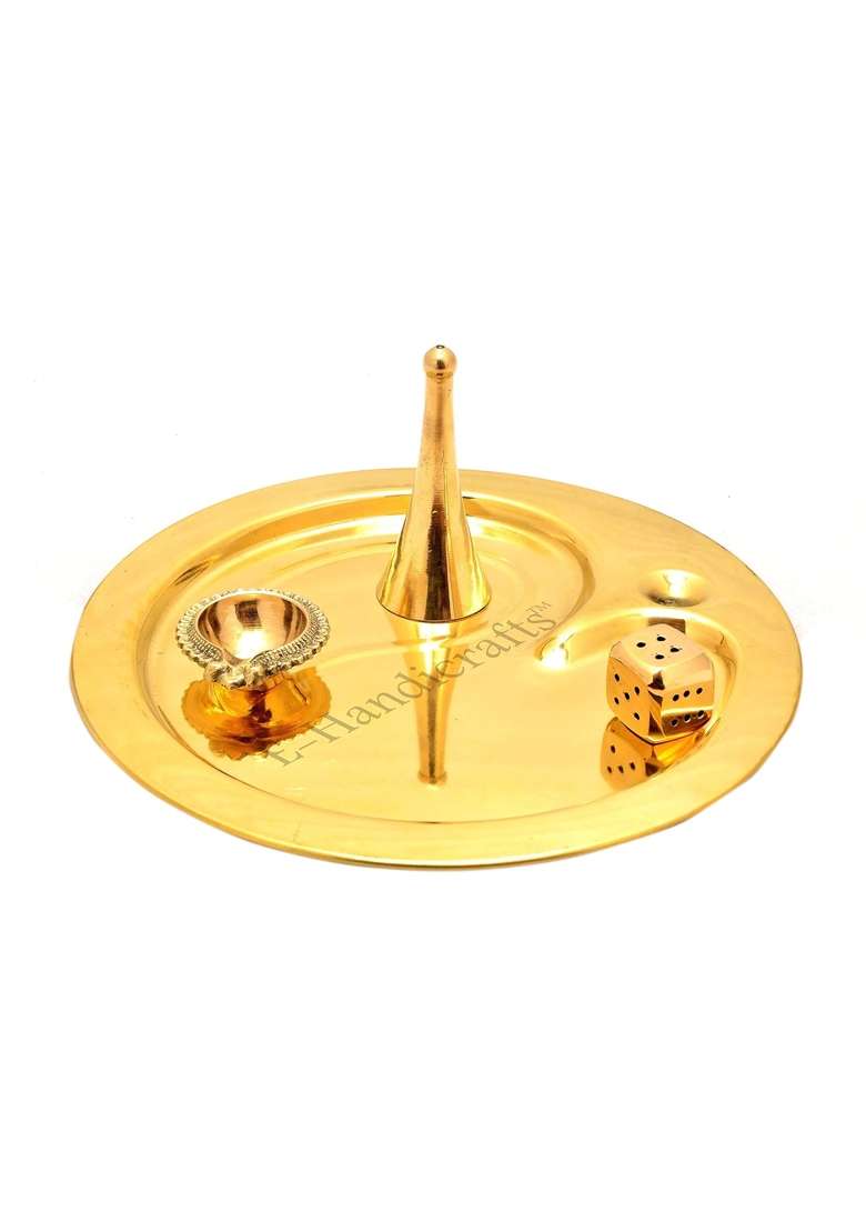 E Handicrafts OM Design Pure Brass Pooja Thali Set 9 Inch Gold - Indya
