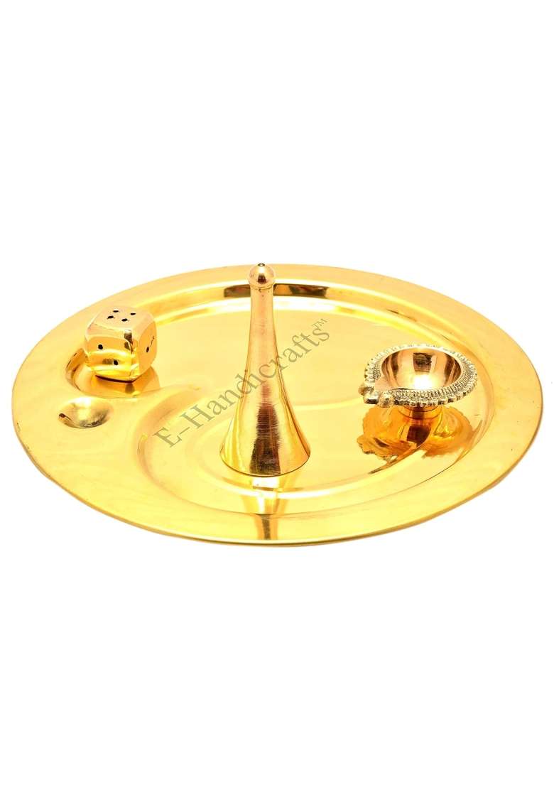 E Handicrafts OM Design Pure Brass Pooja Thali Set 9 Inch Gold - Indya