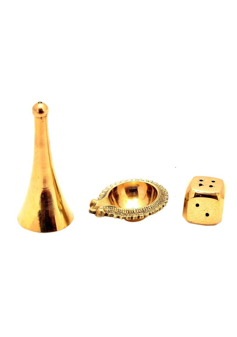 E Handicrafts OM Design Pure Brass Pooja Thali Set 9 Inch Gold - Indya