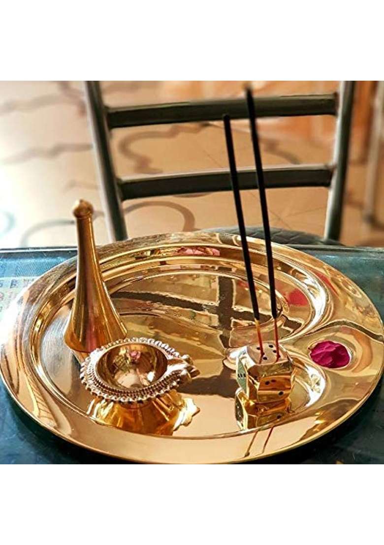 E Handicrafts OM Design Pure Brass Pooja Thali Set 9 Inch Gold - Indya