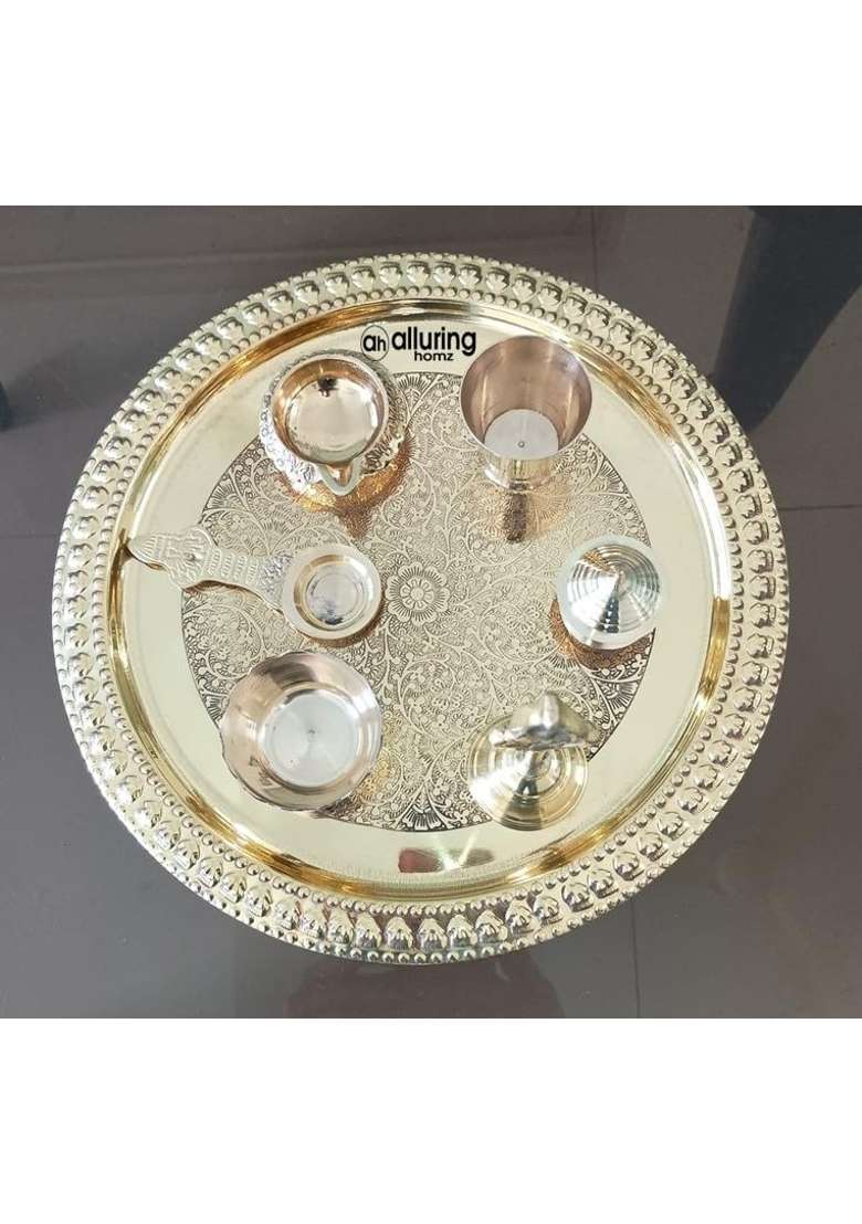 Alluring Homz Gold Pure Brass Pooja Thali Set with Floral Vines Embossed Design Religious Spiritual Item - Indya