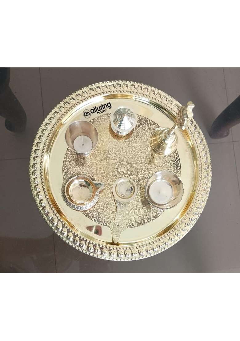 Alluring Homz Gold Pure Brass Pooja Thali Set with Floral Vines Embossed Design Religious Spiritual Item - Indya
