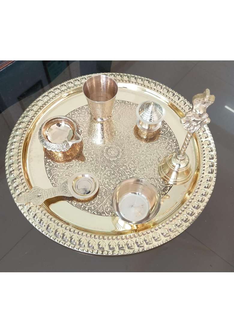 Alluring Homz Gold Pure Brass Pooja Thali Set with Floral Vines Embossed Design Religious Spiritual Item - Indya