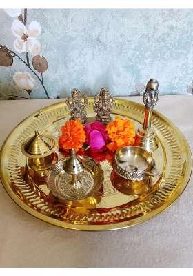 BOND Squad Gold Pure Brass Puja Thali Decorative Pooja Thali Set Including Brass Embroided Plate Set of 1