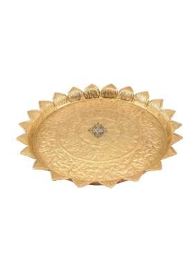 Indian ART Villa Pure Brass Pooja Decorative Thali Plate with Floral Embossed Leaf Edge Design