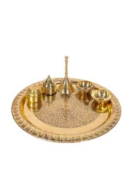 Heritage Mart Traditional Brass Puja Thali Set Gold Plated with Engraved Floral Design