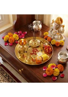 Divine Hindu Brass Om Puja Thali Set with Meenakari Work Pooja Thali with Diya Agarbatti Stand Bell