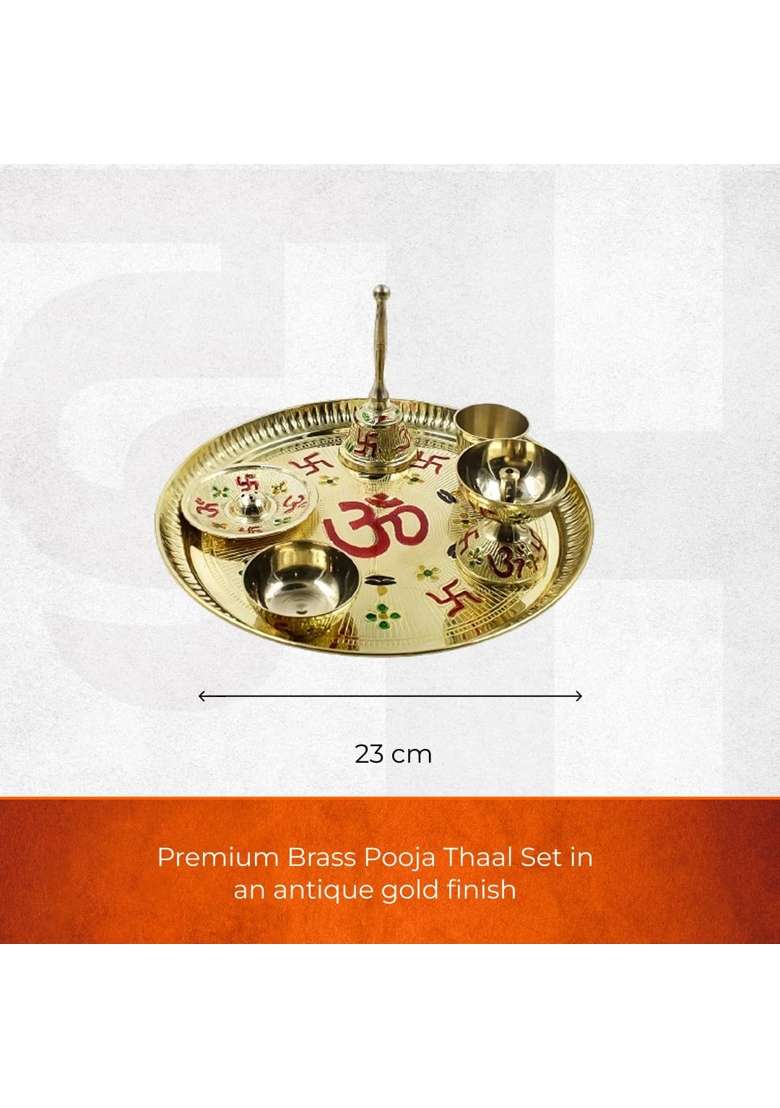 Divine Hindu Brass Om Puja Thali Set with Meenakari Work Pooja Thali with Diya Agarbatti Stand Bell - Indya