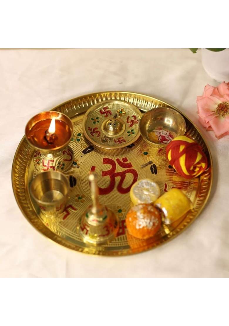 Divine Hindu Brass Om Puja Thali Set with Meenakari Work Pooja Thali with Diya Agarbatti Stand Bell - Indya