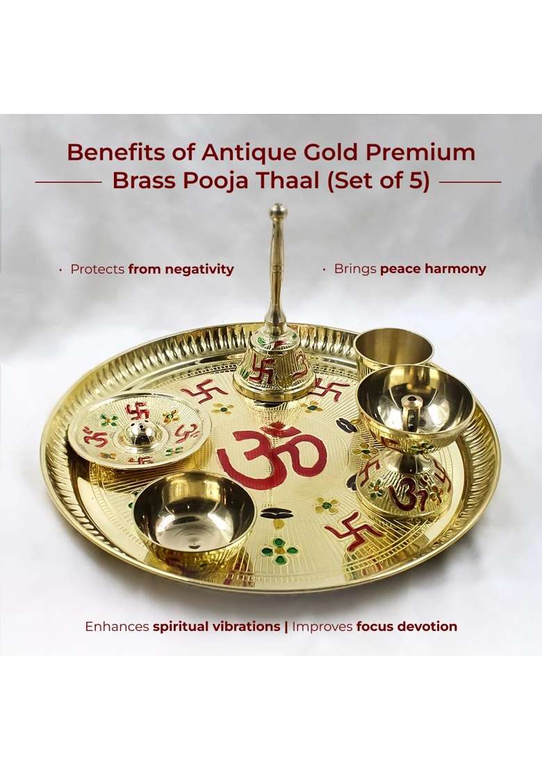 Divine Hindu Brass Om Puja Thali Set with Meenakari Work Pooja Thali with Diya Agarbatti Stand Bell - Indya