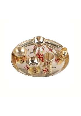 Aatm Brass Pooja Thali Set 9 Gold Plated Thali with Diya Bell Agarbatti Stand Katori and Glass