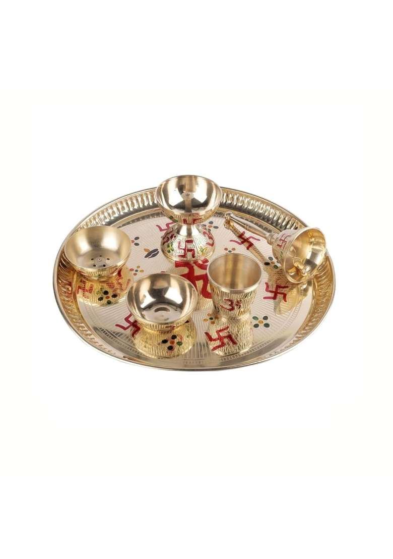 Aatm Brass Pooja Thali Set 9 Gold Plated Thali with Diya Bell Agarbatti Stand Katori and Glass - Indya