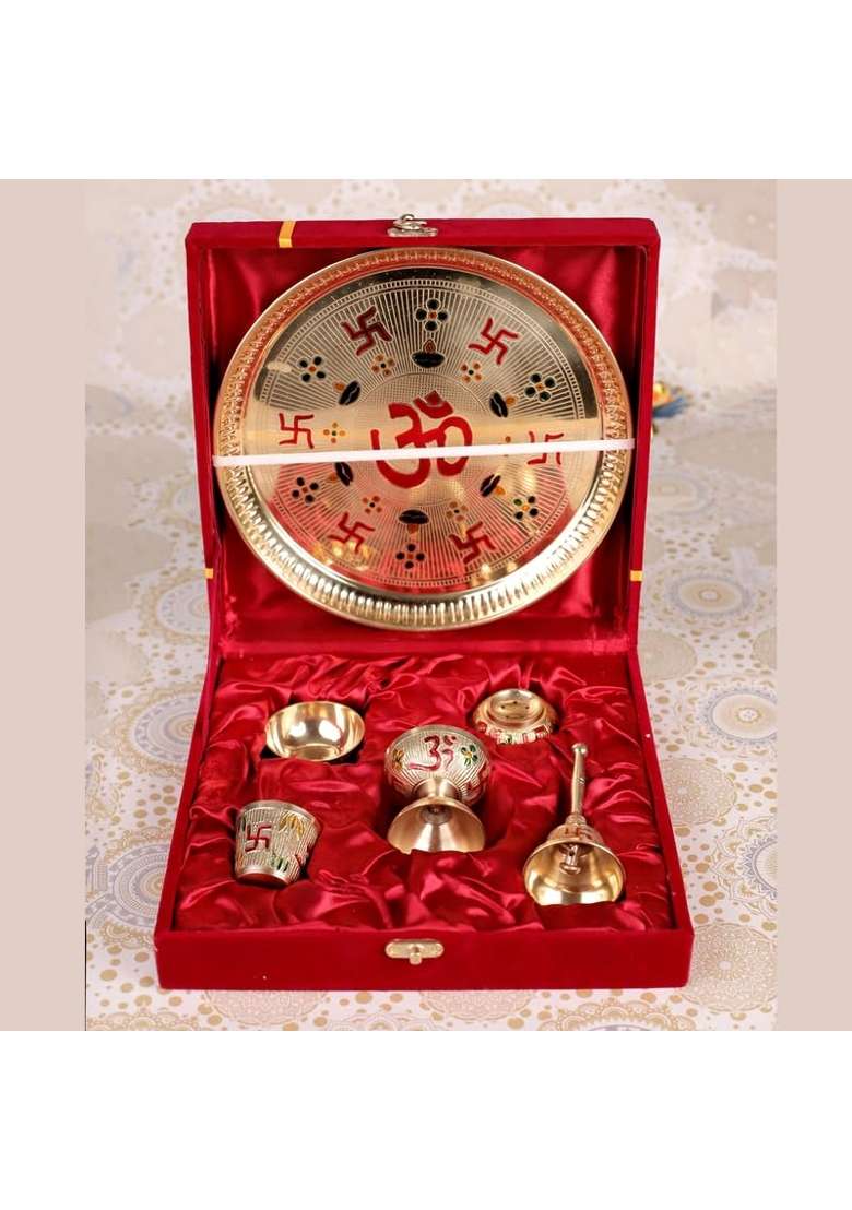 Aatm Brass Pooja Thali Set 9 Gold Plated Thali with Diya Bell Agarbatti Stand Katori and Glass - Indya