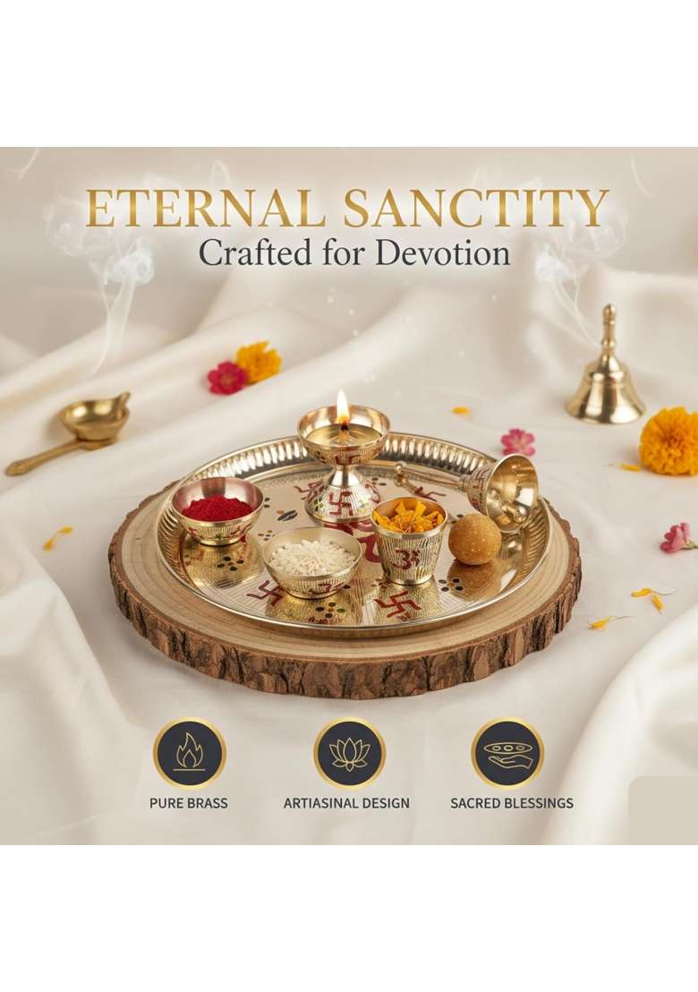 Aatm Brass Pooja Thali Set 9 Gold Plated Thali with Diya Bell Agarbatti Stand Katori and Glass - Indya