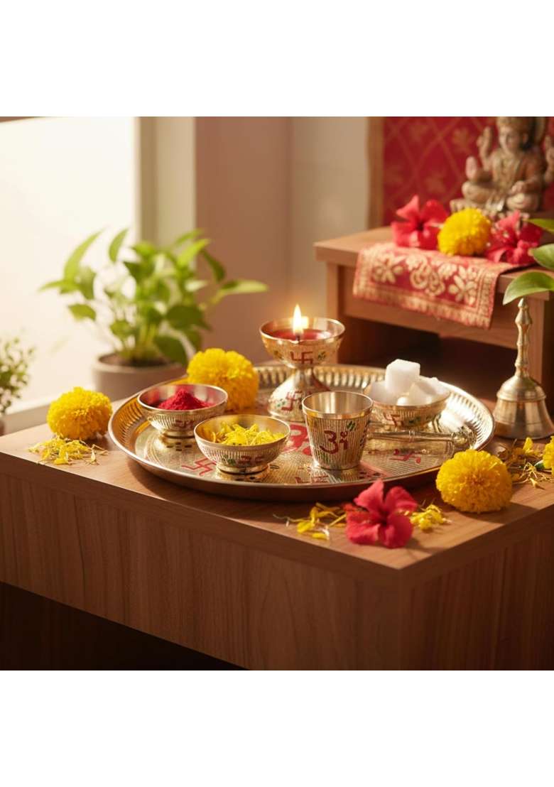 Aatm Brass Pooja Thali Set 9 Gold Plated Thali with Diya Bell Agarbatti Stand Katori and Glass - Indya