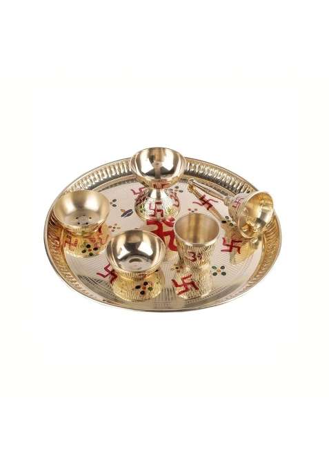 Aatm Brass Pooja Thali Set 9 Gold Plated Thali with Diya Bell Agarbatti Stand Katori and Glass