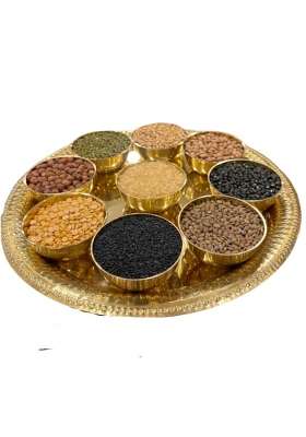 Traditional Navadhanya Set with Brass Plate and 9 Bowls 30 CM Thali for Vishu Kani and Housewarming Pooja