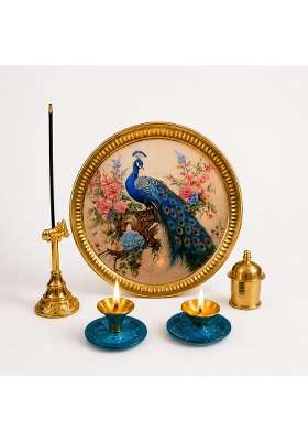 Metals and Beyond Gold Traditional Brass Pooja Thali Set with Diya Bell Agarbatti Holder and Kumkum Bowls
