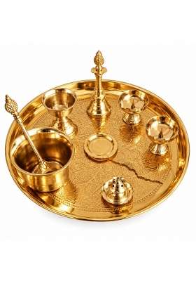 Spiritual Homes Brass Pooja Thali Set with Engraved Floral Design Gold