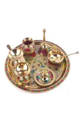 Satvik 8 Inch Brass Puja Thali 7 Pc Set with Diya and Agarbatti Holder