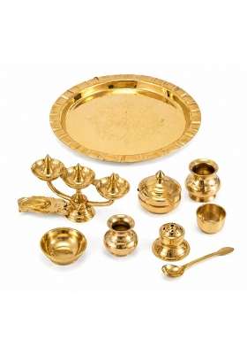 Gold Ashtalakshmi Brass Pooja Thali Set 8 Inch with Aarti Lamp Kalash Pot Incense Holder Bowl