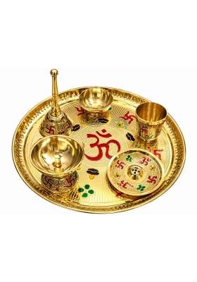 Kayson Golden Brass Pooja Thali Set 9 Inch with Diya Ghanti Agardan and Katori
