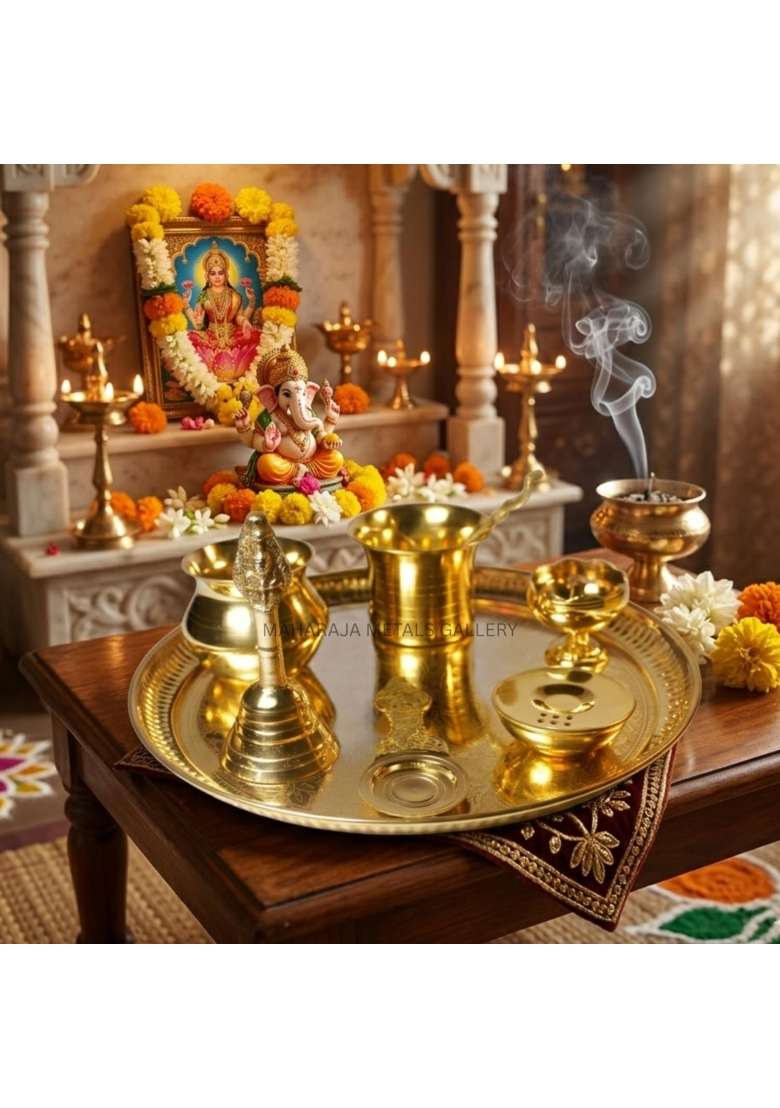Maharaja Metals Gallery Premium Brass Pooja Thali Set 7 Pieces Traditional Puja Gift Set for Diwali - Indya