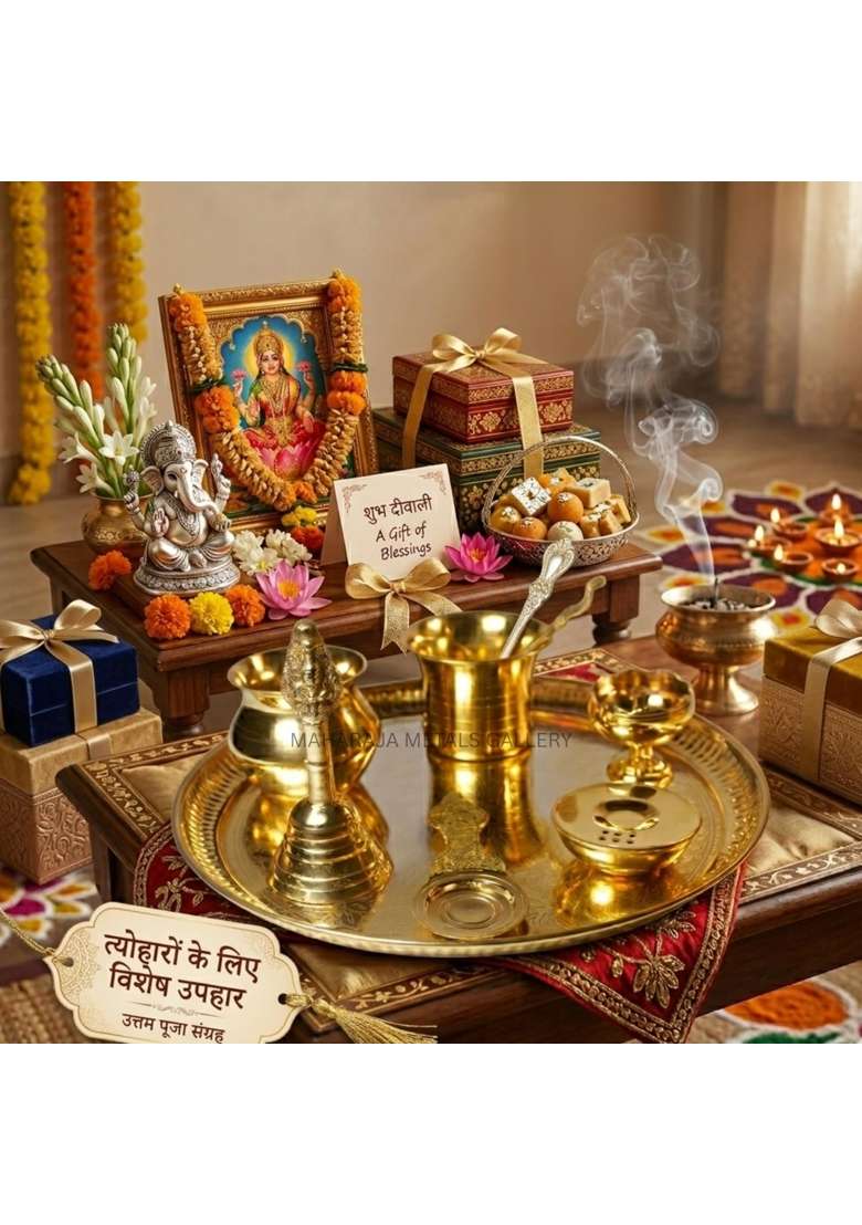 Maharaja Metals Gallery Premium Brass Pooja Thali Set 7 Pieces Traditional Puja Gift Set for Diwali - Indya