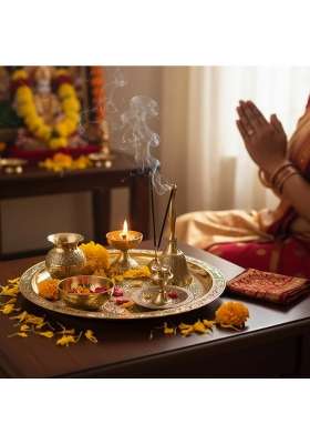 Divine Hindu Pure Brass Puja Thali Set Pooja Thali with Ghee Diya Agarbatti Stand Kalash Bell and Katori