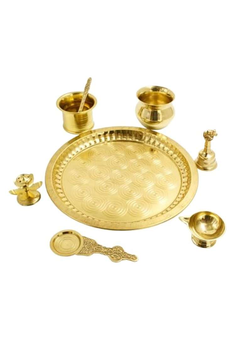 Gold Brass Pooja Thali Set Puja Thali Set for Home Pooja Thali Arati Arathi Arthi Karwa Chauth Pooja Plate - Indya