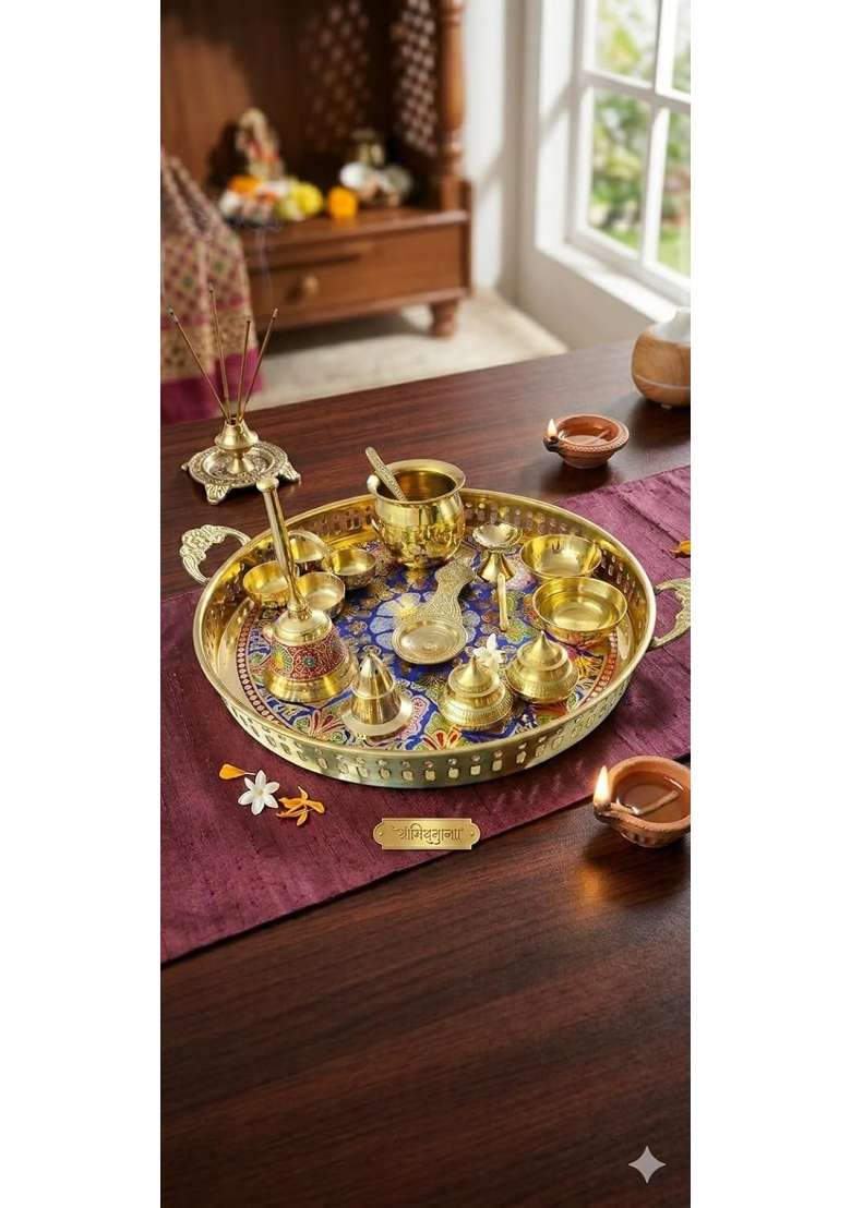 Gold RM Metals Pure Brass Pooja Thali Set 12 Inch Traditional Puja Plate Set of 10 - Indya