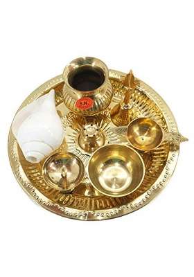 IFH Dacor Indian Fashion Hut Handmade Brass Pooja Thali Set Aarti Plate with Authentic Conch 8 Pcs Set