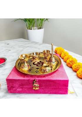 Moradabad Brass Villa Om and Swastika Design Brass Pooja Thali Set Puja Aarti Thali Set 1 Puja Thali Pack of 6