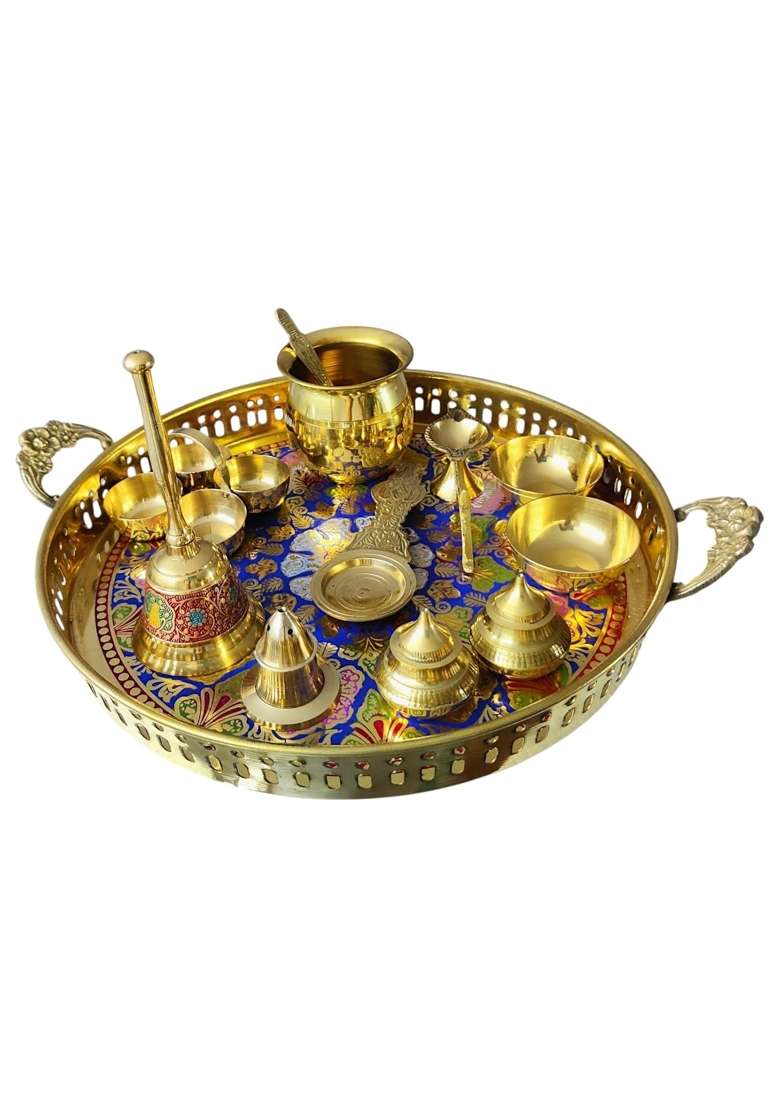 Gold RM Metals Pure Brass Pooja Thali Set Size 12 Inch Set of 10 - Indya