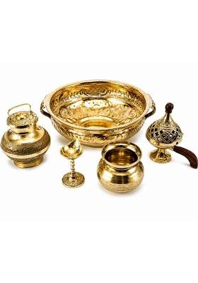 Golden Brass Pooja Set for Home Temple Hindu Puja Thali Set and Worship Items