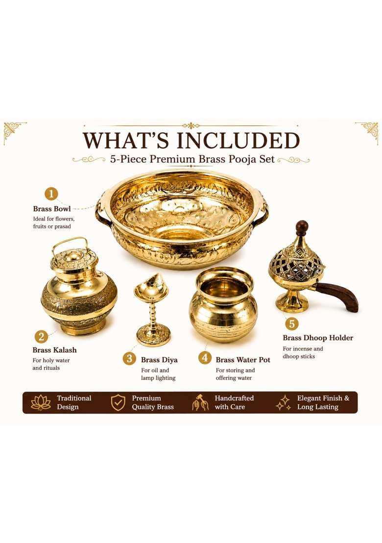 Golden Brass Pooja Set for Home Temple Hindu Puja Thali Set and Worship Items - Indya