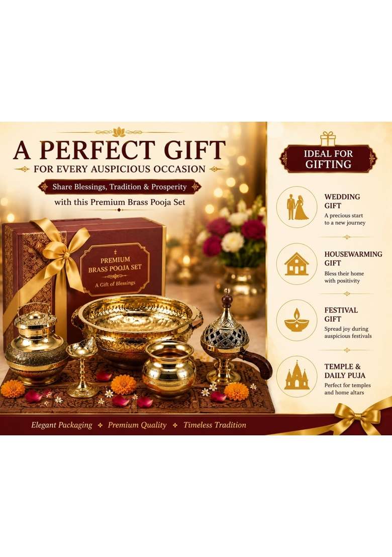 Golden Brass Pooja Set for Home Temple Hindu Puja Thali Set and Worship Items - Indya