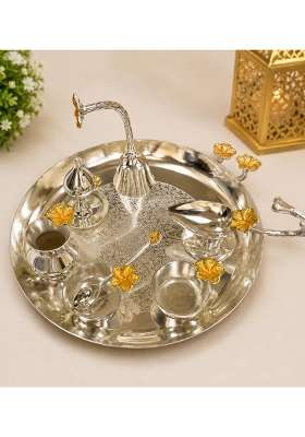 Silver Brass Pooja Thali Set with Diya Kalash and Agarbatti Holder
