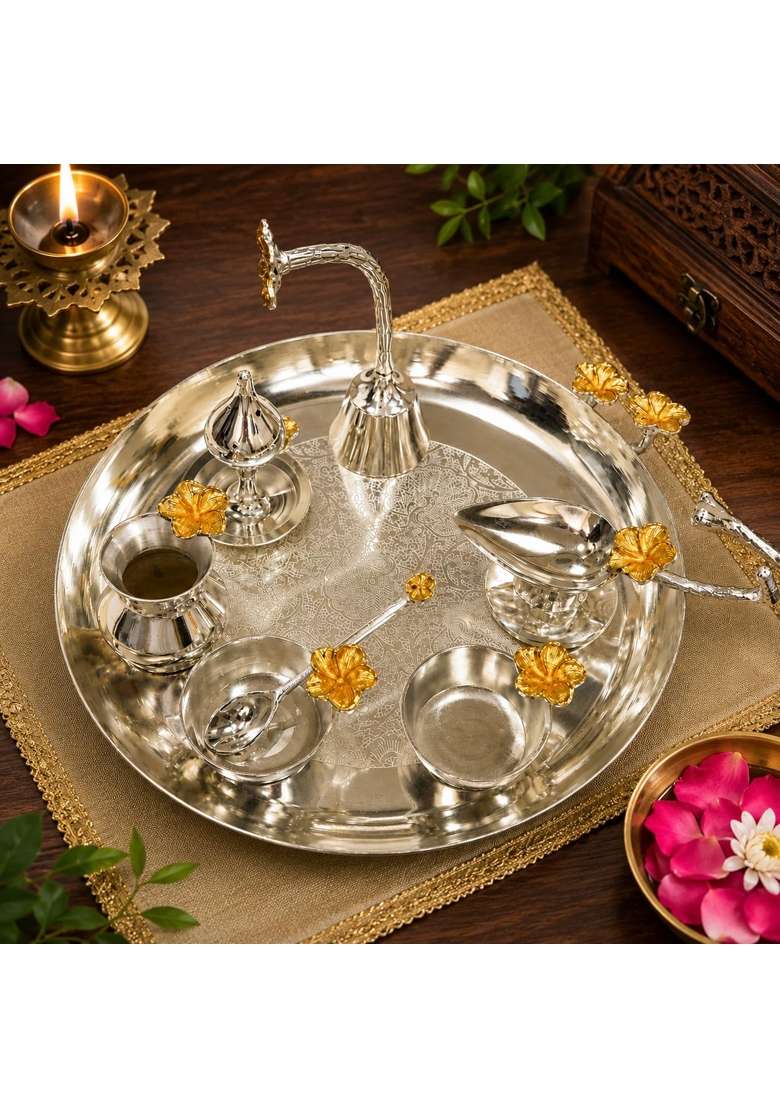 Silver Brass Pooja Thali Set with Diya Kalash and Agarbatti Holder - Indya