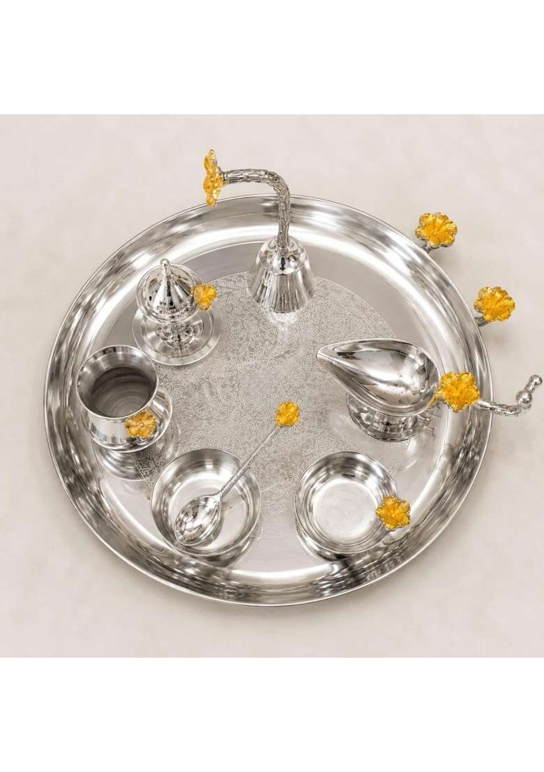 Silver Brass Pooja Thali Set with Diya Kalash and Agarbatti Holder - Indya