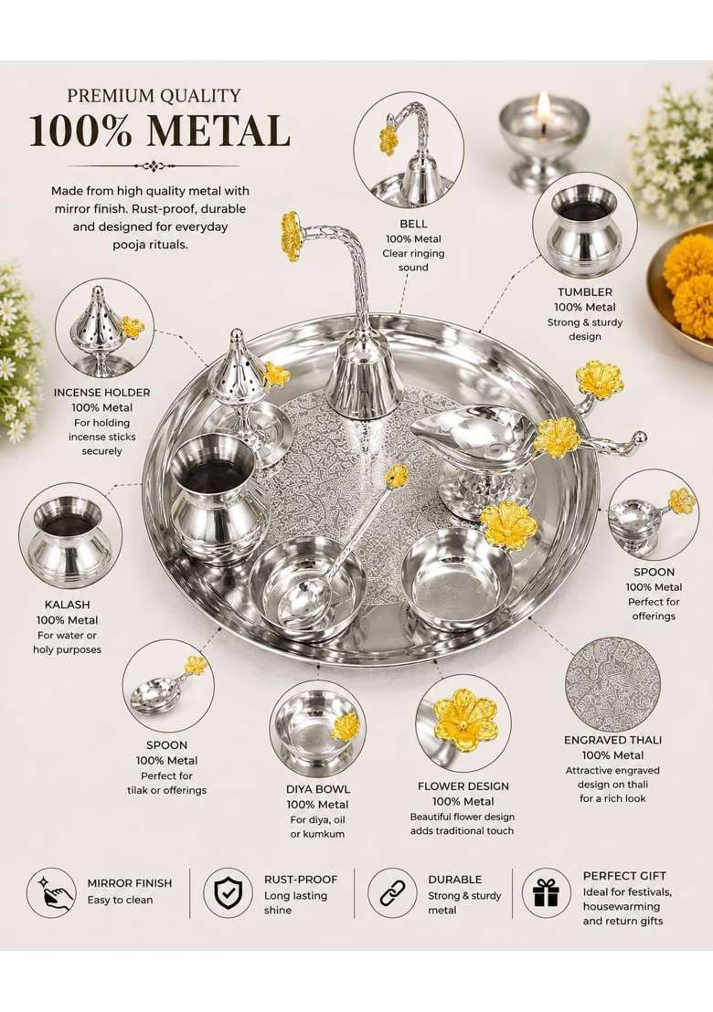 Silver Brass Pooja Thali Set with Diya Kalash and Agarbatti Holder - Indya