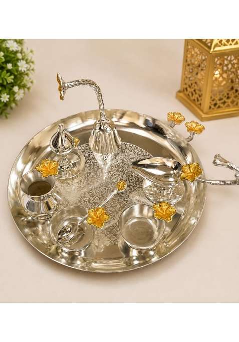 Silver Brass Pooja Thali Set with Diya Kalash and Agarbatti Holder